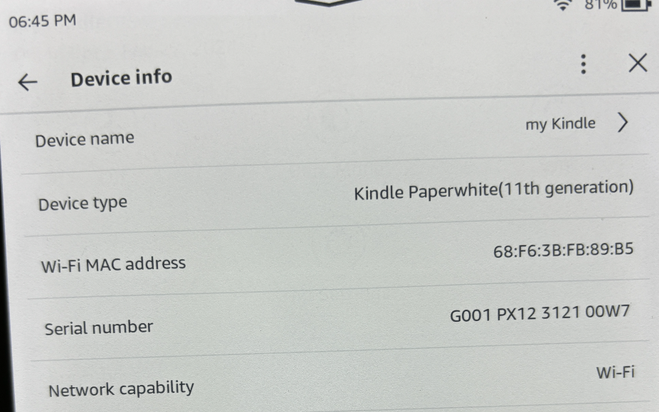 Find the Kindle model in Device Info. 